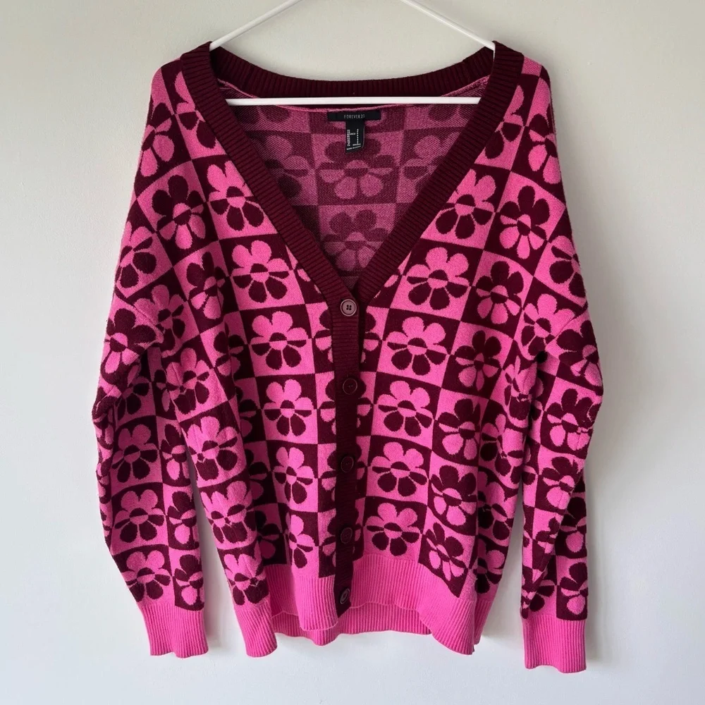 Pink Purple Floral Button Front Knit Cardigan Boho Groovy 70s Daisy Slouchy